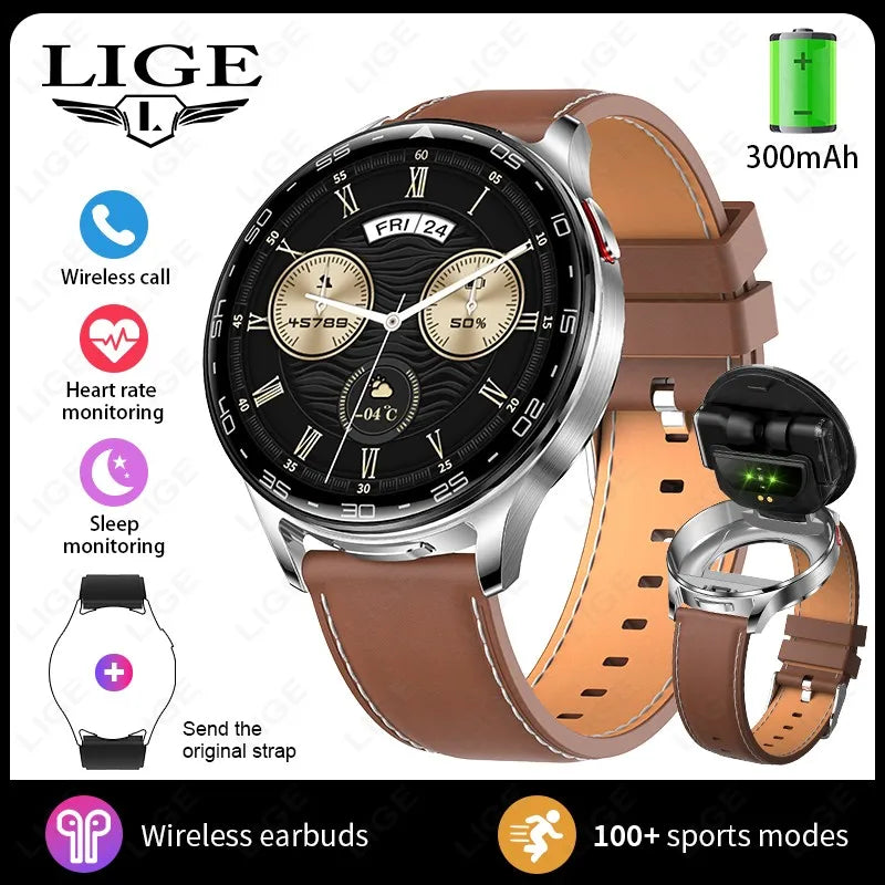 Black smartwatch with brown leather-style strap and wireless earbuds, round dial with day/date