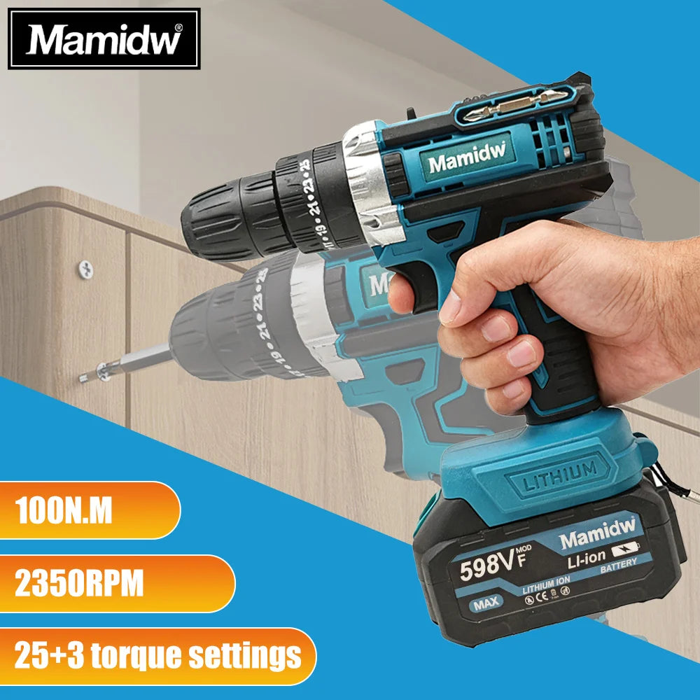Mamidw 10mm Cordless Electric Drill 100N.m Electric Screwdriver Three Functions Impact Drill For Makita 18V Battery