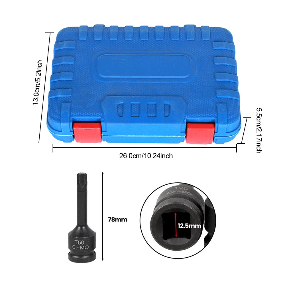 Podofo 10Pcs Hex Allen Torx Impact Socket Bit Set 1/2 Inch Drive T20 T25 T30 T80 with Tool Box for Car Garage Repair