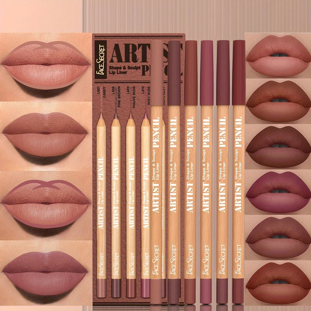 6-piece nude lip liner set with velvety matte finish. Long-lasting, waterproof pencils in various brown and mauve shades.