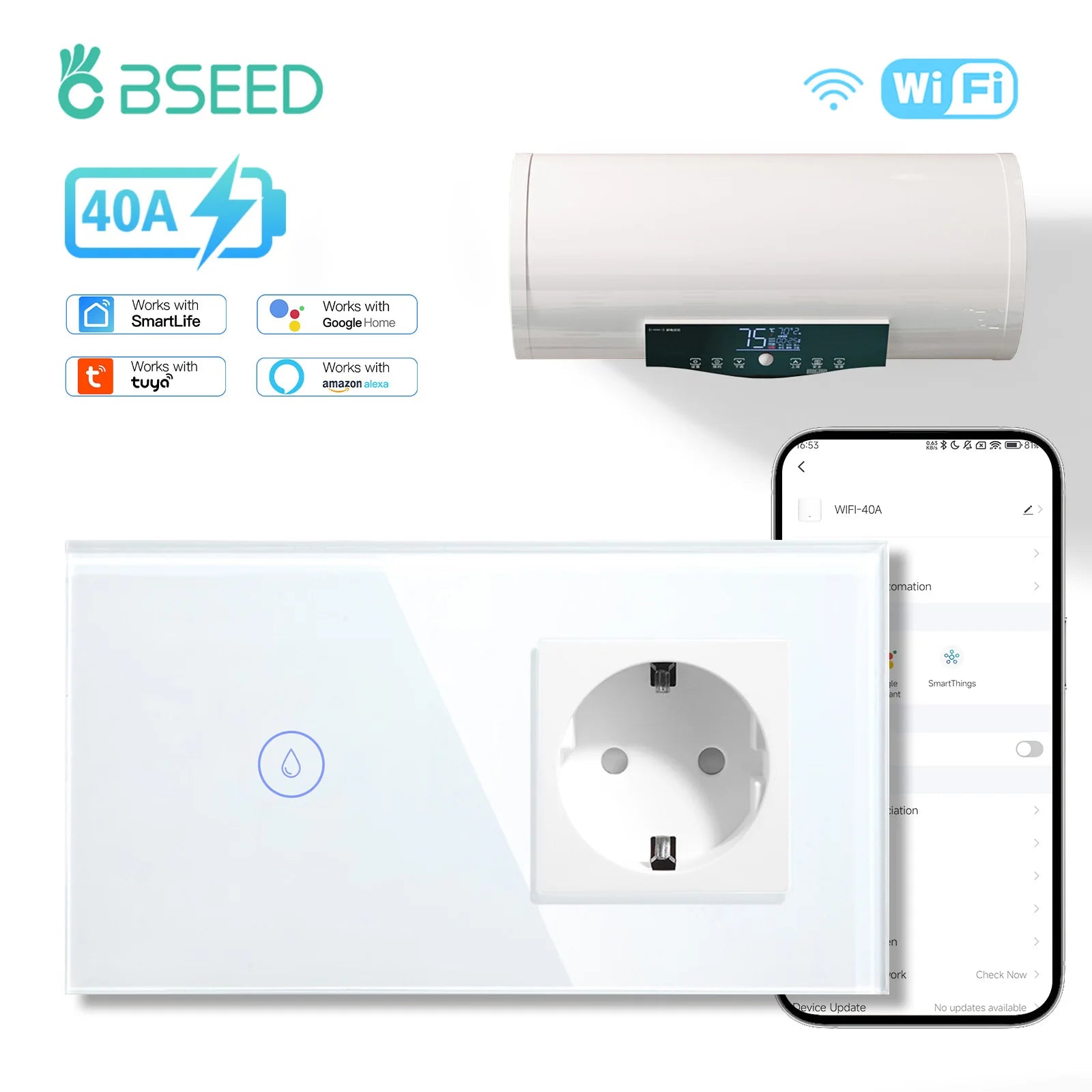 Tidesmit BSEED Matter compatible smart water heater switch with 40A power for remote boiler control and safety.