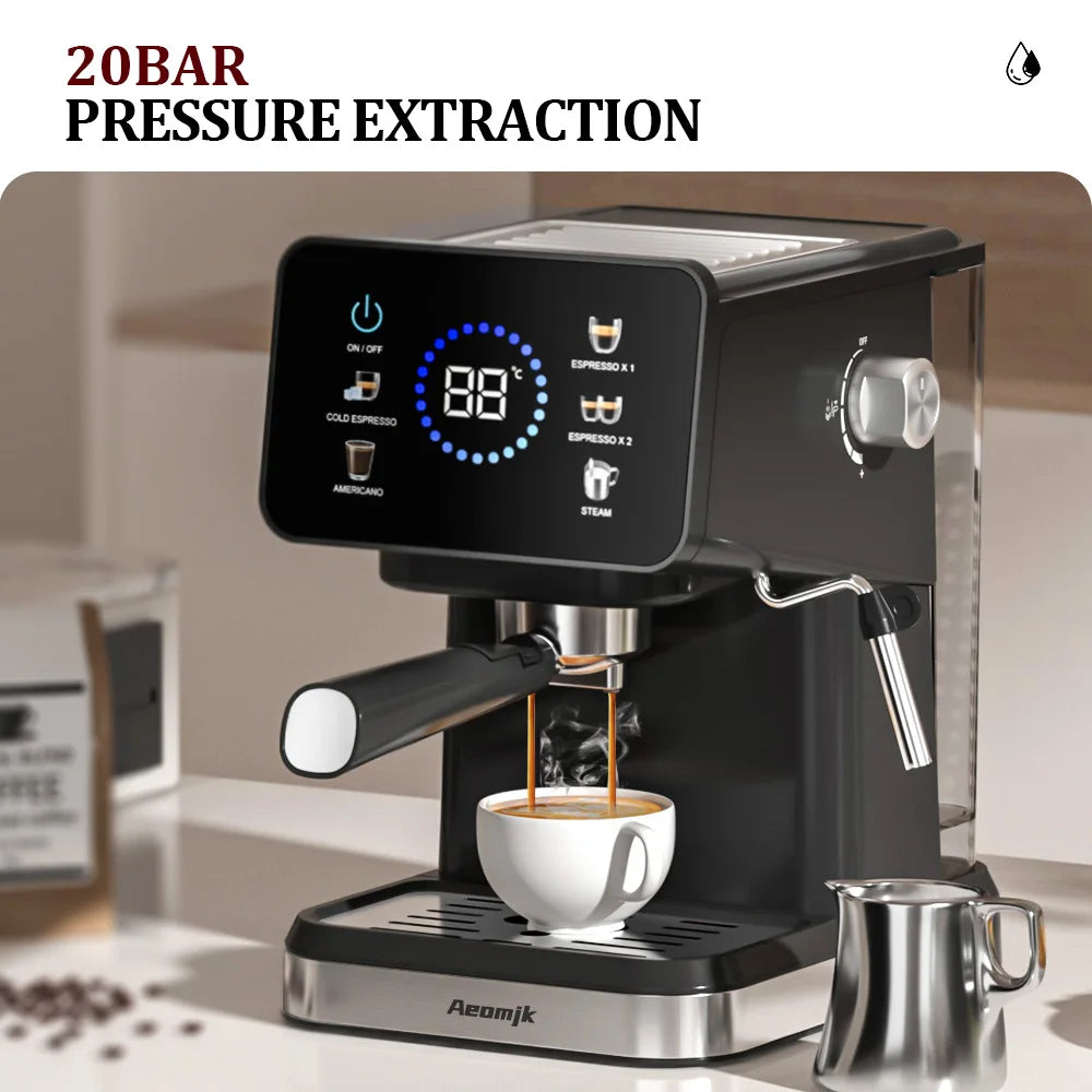 Aeomjk 20-bar black espresso machine with digital touchscreen display and steam wand brewing coffee into a cup.