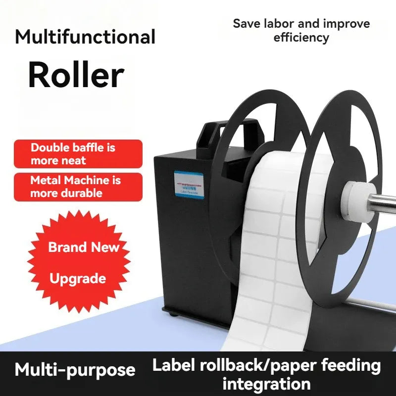 Label rewinder with black housing, dual reels, and white label roll on metal spindle