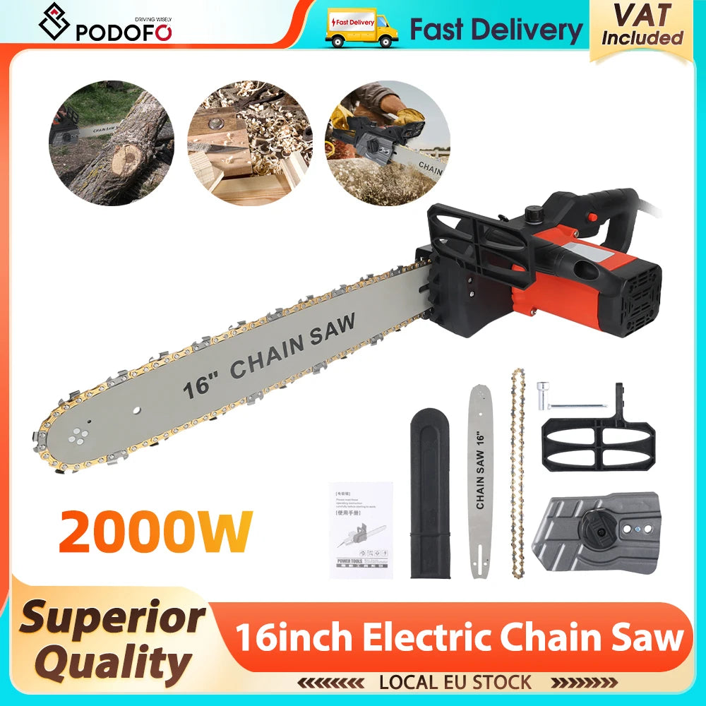 Podofo 16" 2000W Electric Large Chain Saw 16inch Corded High Speed Large Chain Saw Wire Motor Power Woodworking Cutter Garden Tool