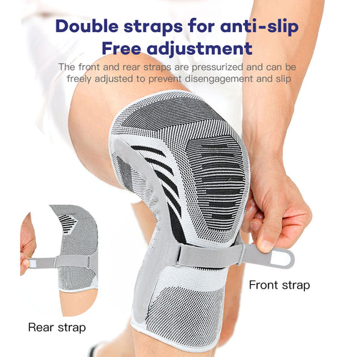 Adjustable knee brace support for pain relief, featuring grey and black knitted fabric with anti-slip straps.