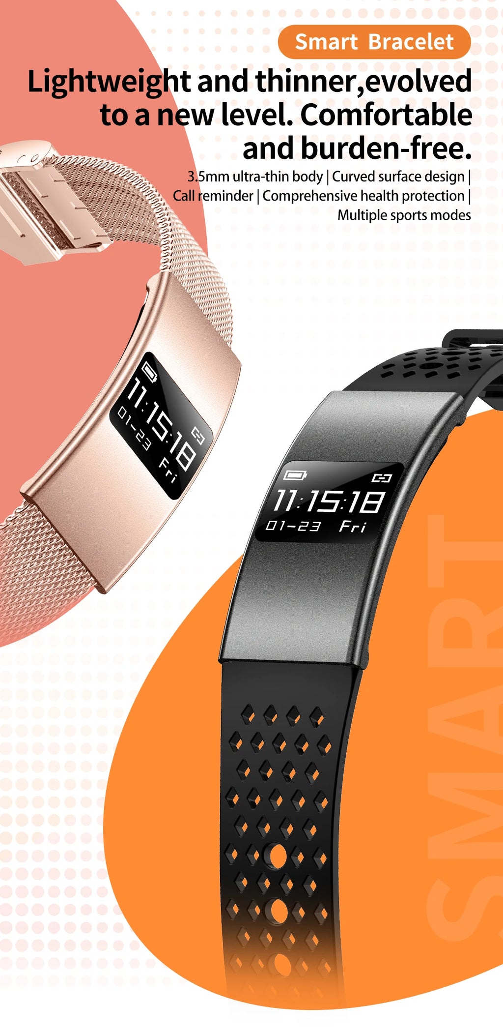 B9 3.5mm Ultra Thin Smart Bracelet Men Women IP68 Waterproof Call Reminder Fitness Sport Smart Band Lightweight Health Wristband