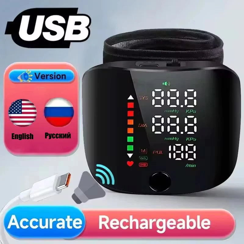 Rechargeable Wrist Blood Pressure Monitor Medical English Russian Voice Digital Tensiometro Health Sphygmomanometer Tonometer