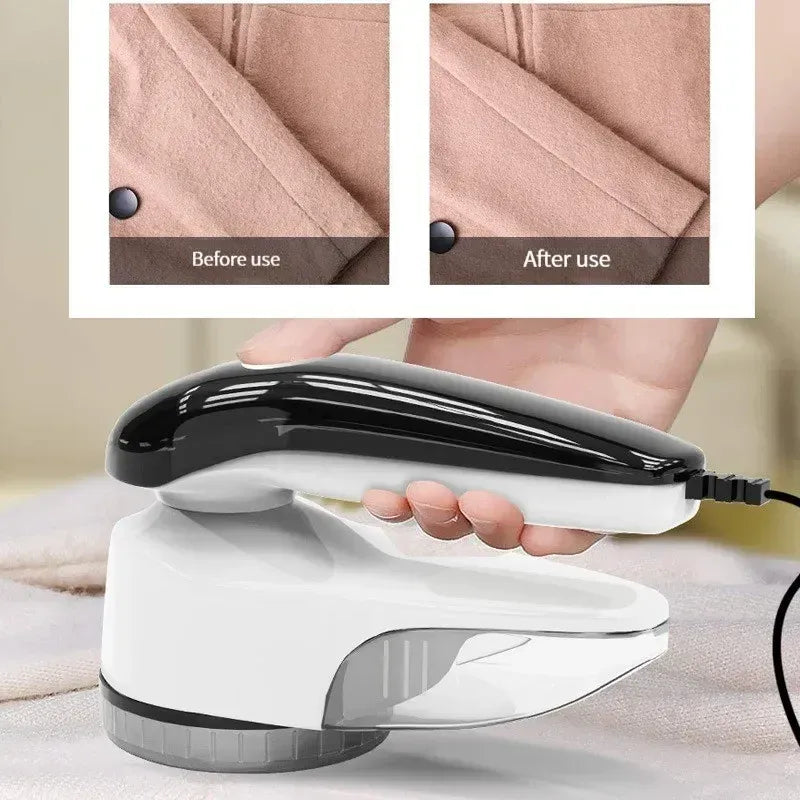 Fabric shaver removes lint from wool coats, showing smooth before and after clothing results.