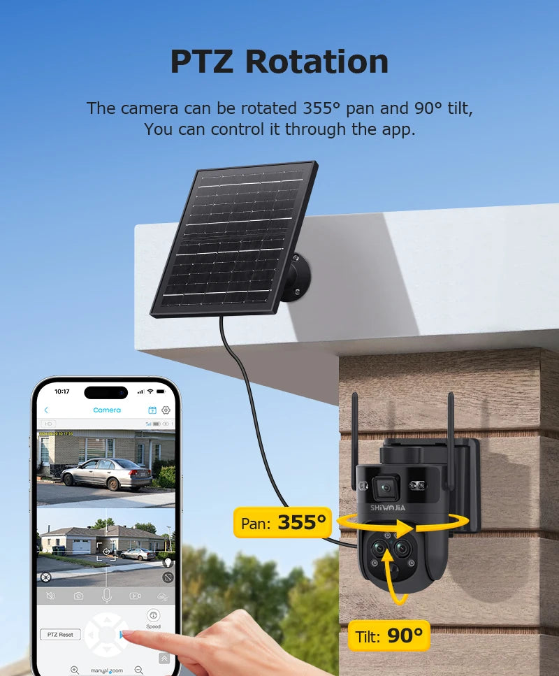 SHIWOJIA 15X 6M PSolar Camera 4G SIM/WIFI Three Lens Recording AI Human/Pet/Vehicle Auto Tracking Camera IP65 Waterproof
