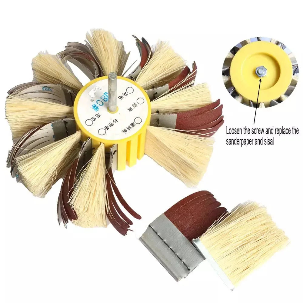 150mm x 6mm Shaft Mounted Sisal & Emery Cloth Bristle Polishing Brush Wheel for Wood Primer Sanding 80/120/180/240/320/400 Grit