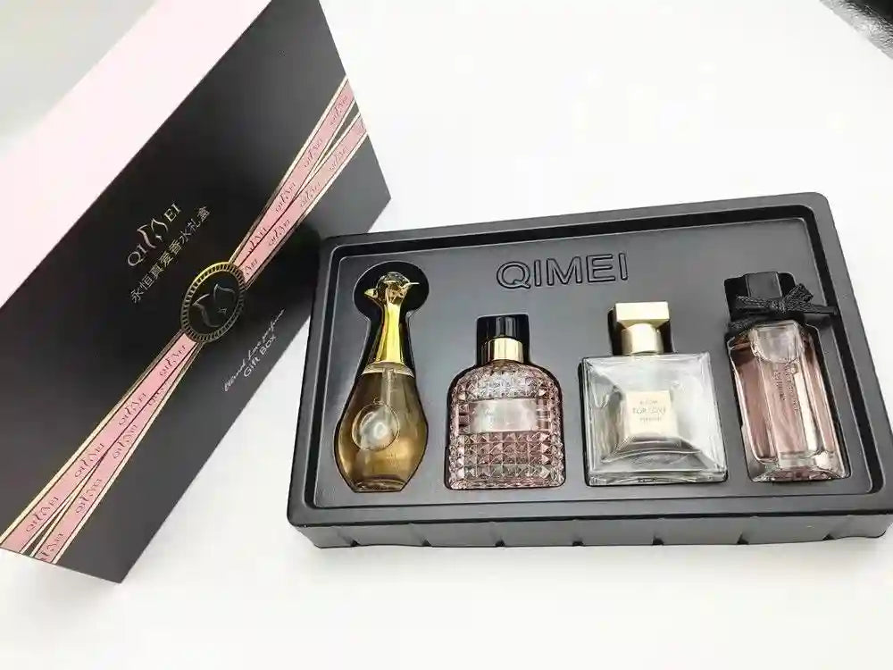 QIMEI 4-piece women's floral fruity EDP gift set. Includes diverse luxury glass perfume bottles in a sleek black box.