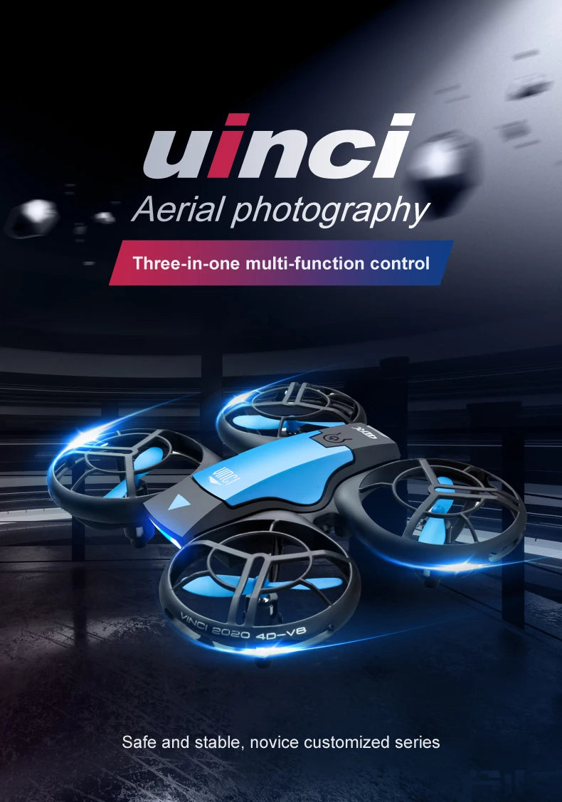 Vinci 2020 4D-V8 drone with blue and black body, protected propellers, and internal lights for aerial photography.