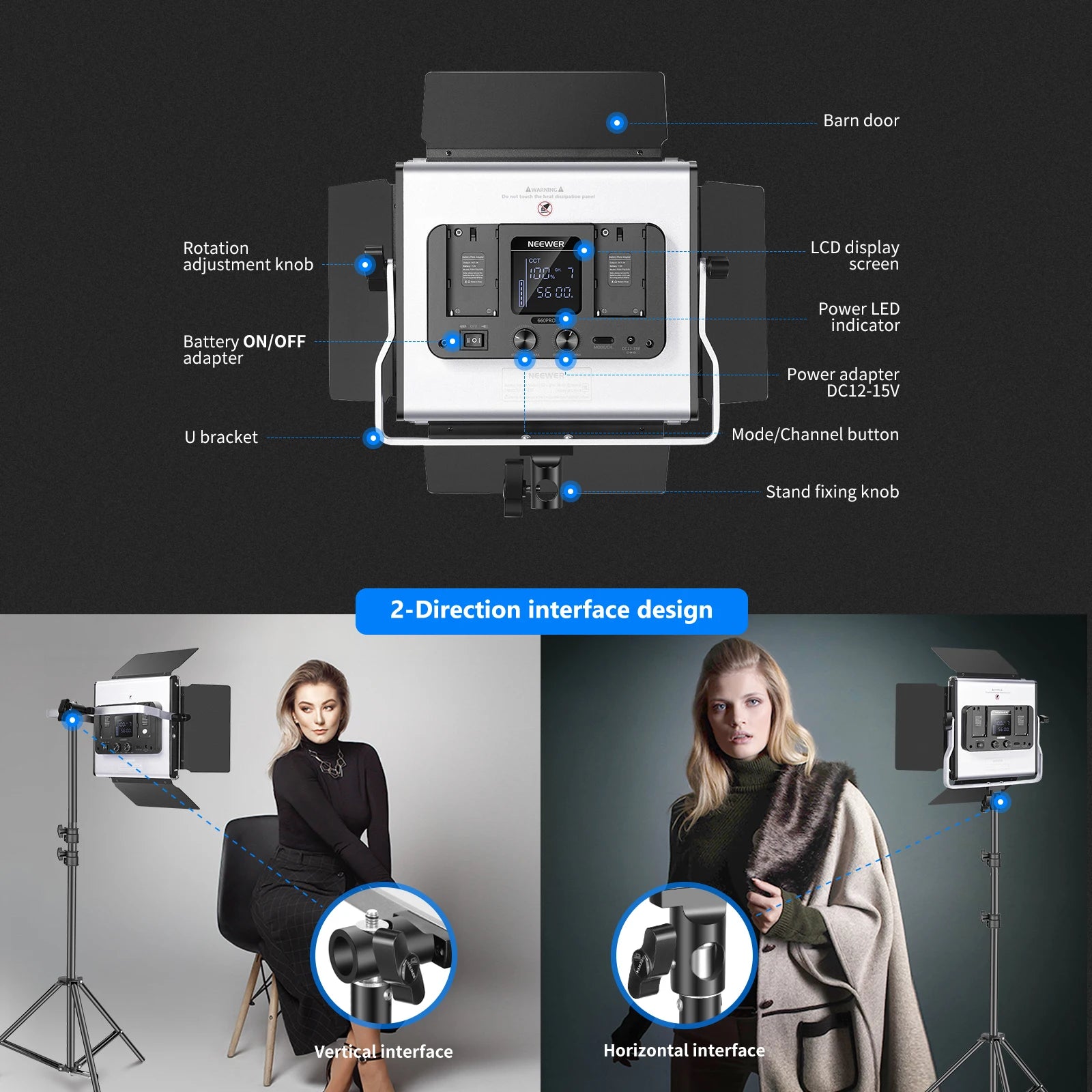 Silver LED video light with barn doors, LCD screen, and U-bracket for vertical or horizontal studio lighting setups.