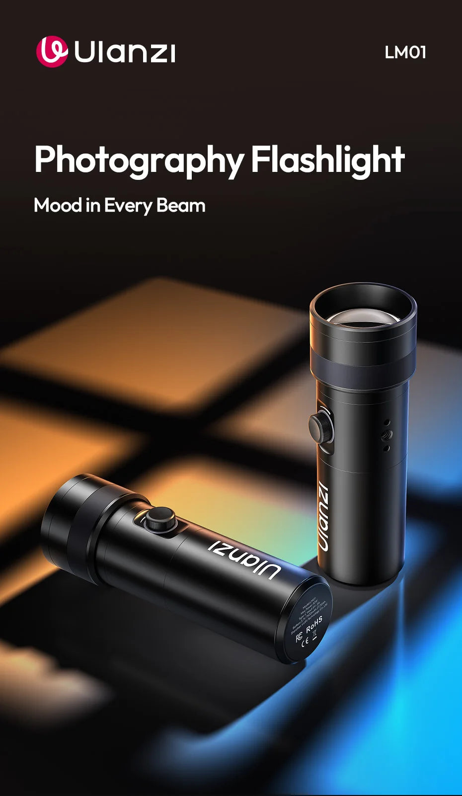 Black cylindrical photography flashlight with a convex lens, power button, and a compact, metallic handheld design.