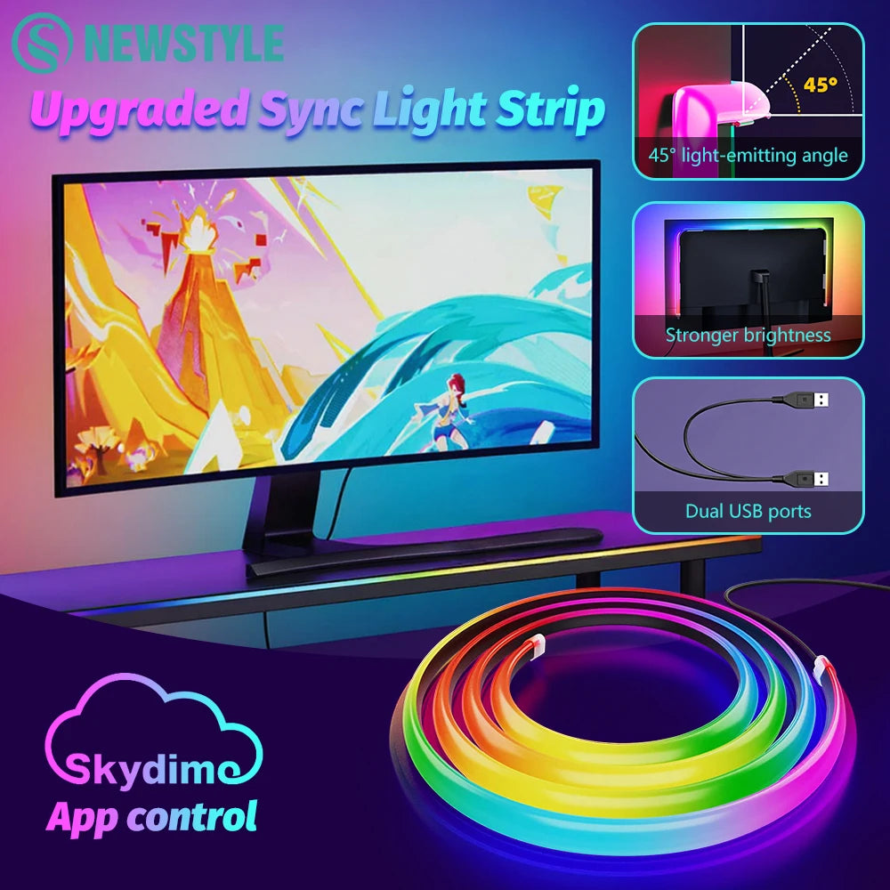 Upgraded PC Monitor Backlight RGBIC LED Light Strip Synchronized Screen Color/Music Computer Light Bar Double USB Port APP Contr