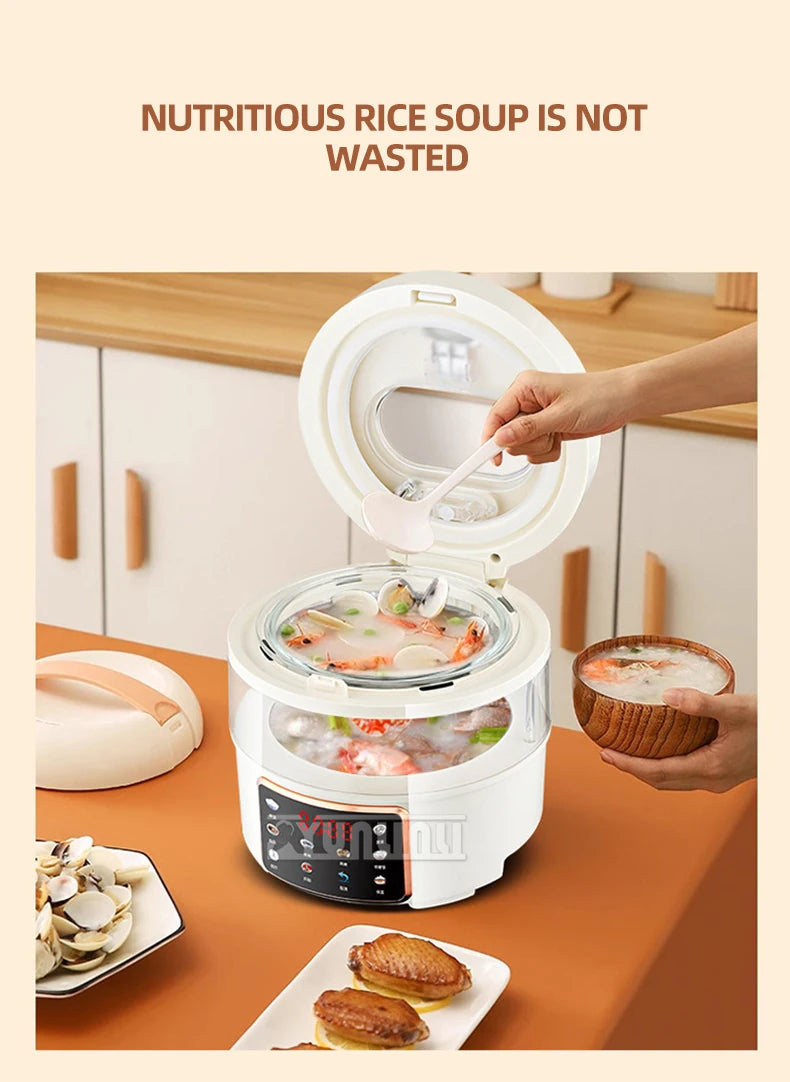 White rice cooker with open lid, removable inner pot, and soup inside