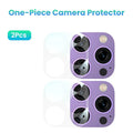 Two purple one-piece tempered glass covers for smartphone cameras, designed to protect lenses from scratches.