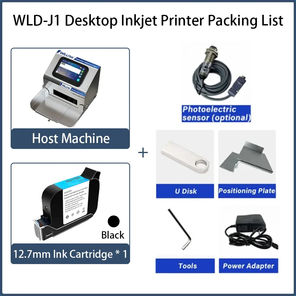 Desktop inkjet printer packing list with host machine, black ink cartridge, and power adapter