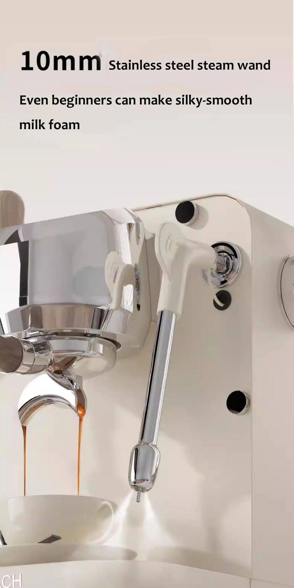 White espresso machine with 10mm stainless steel steam wand for frothing milk, showing brewing extraction into cup.
