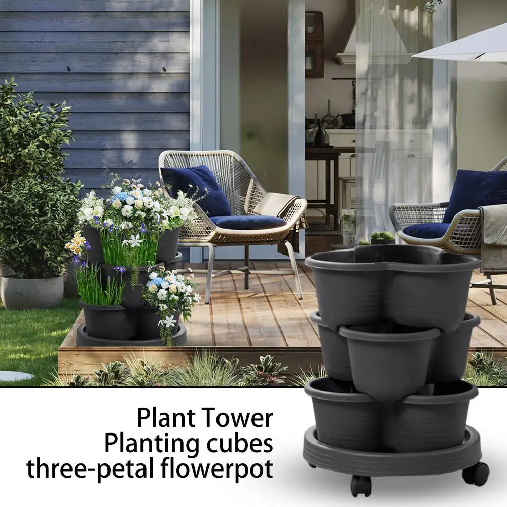 4pcs/set Stackable Vertical Flower Pot Plastic Garden Planter Tower with Movable Casters Strawberry Seedling Frame Decoration