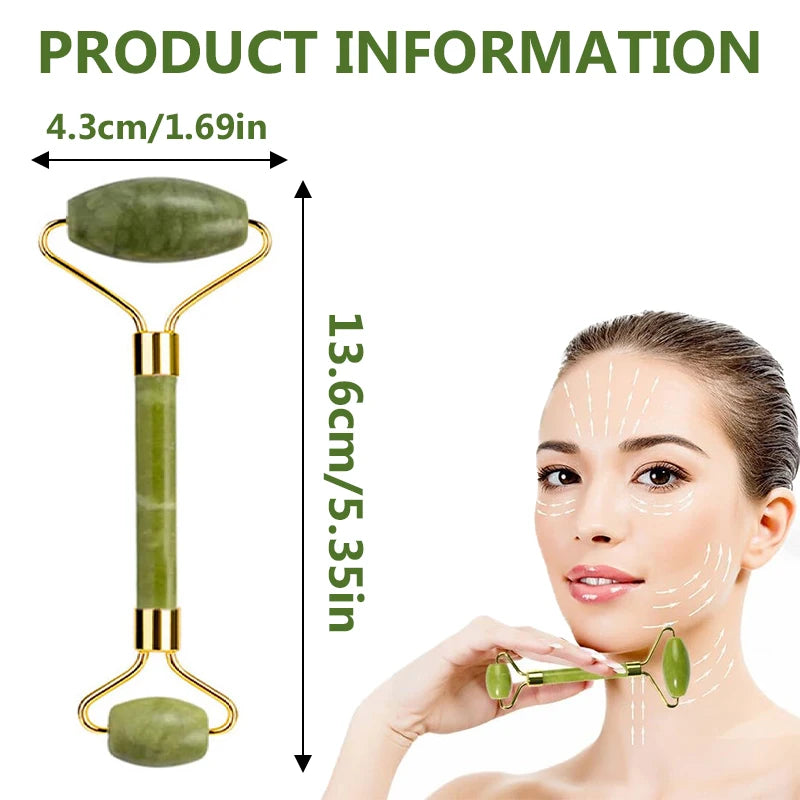 Green jade dual-ended face roller with gold metal hardware, shown with size measurements and a demonstration of use.