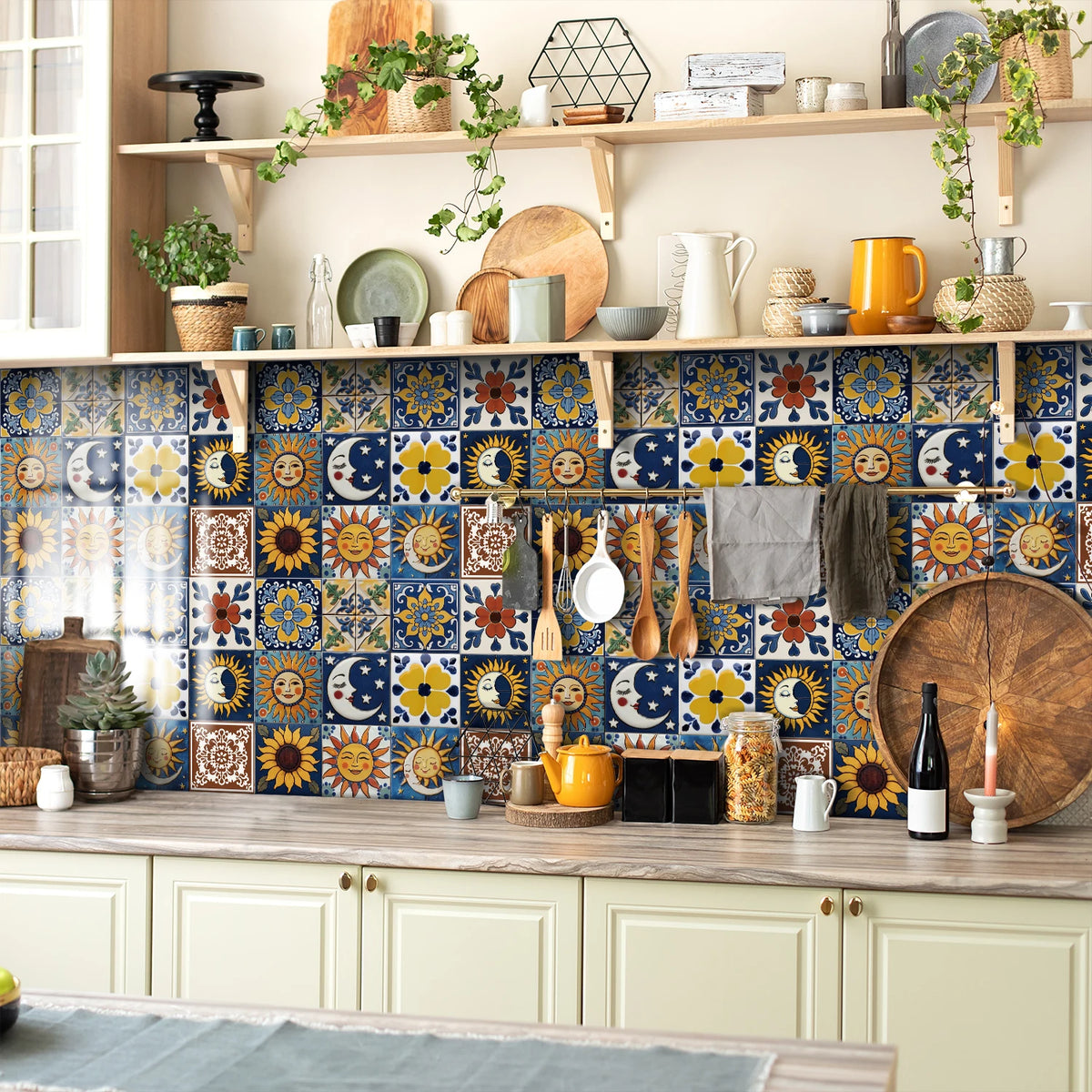 Blue tile self-adhesive wallpaper with sun, moon and flower motifs in grid