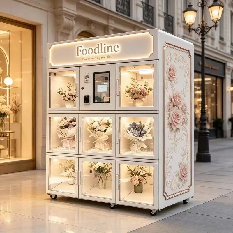 Foodline flower vending machine on wheels with glass doors showcasing lit bouquets and pink rose side panels.