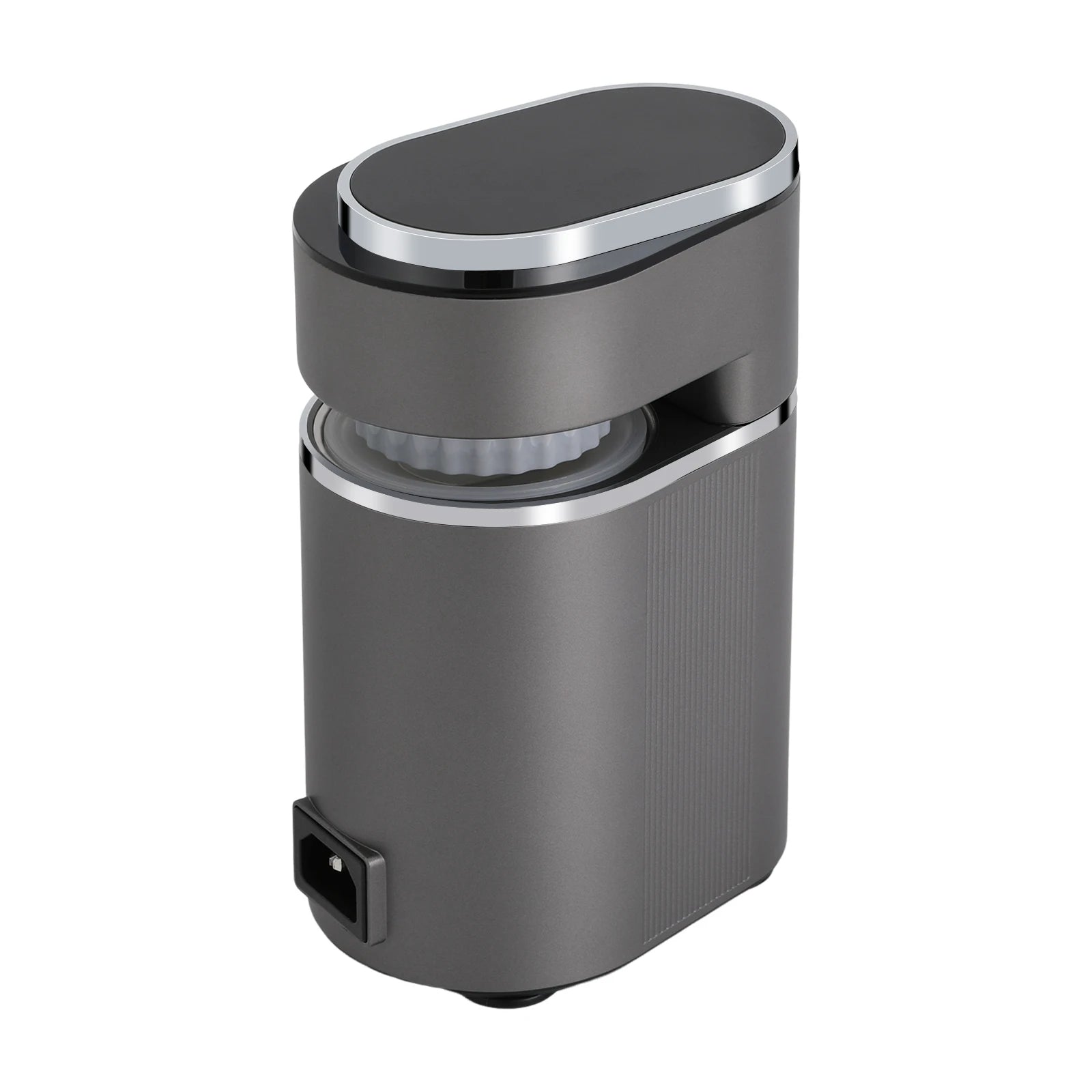 Modern dark grey electric coffee grinder with chrome accents, compact vertical design, and white internal burr.