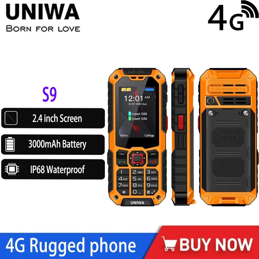 UNIWA S9 4G Feature Phone 2.4 ” IP68 Waterproof SOS Button Big Loudspeaker LED Light 3000mAh Rugged Cost-effective Mobile Phones