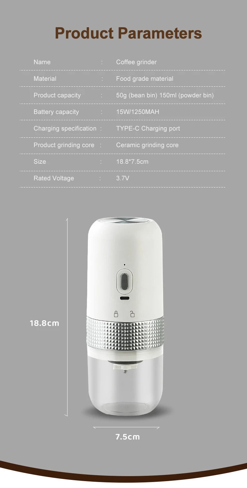 Portable white electric coffee grinder with ceramic burr, 50g bean capacity, and Type-C charging. 18.8x7.5cm size.