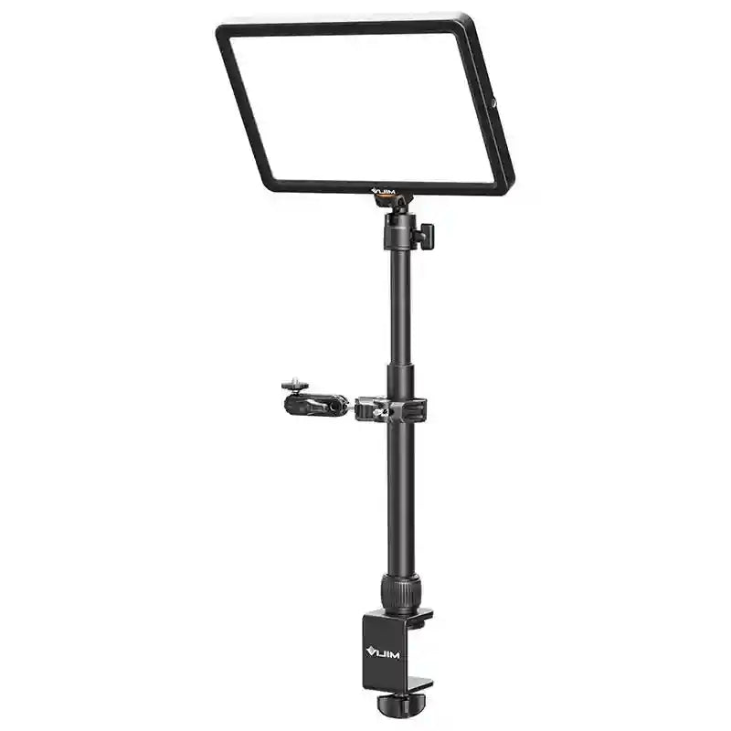LED panel light on an adjustable black metal desk-mount stand with a small side arm for desktop video lighting setups.