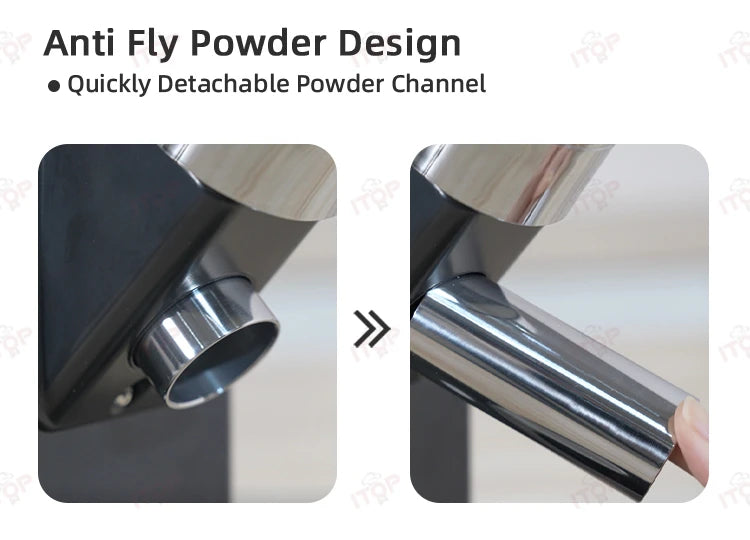 ITOP coffee grinder anti-fly powder detachable stainless steel chute for clean espresso grounds dispensing.