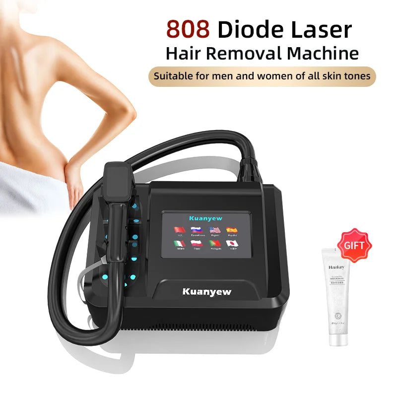 Black 808nm diode laser hair removal machine with touchscreen and handset for painless, permanent skin rejuvenation.