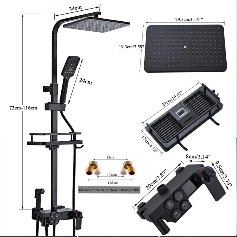 Thermostatic Display Screen Shower Faucet Bathroom Rotate Bath Tub Bidet Shower Push Button Rainfall Head Mixer Tap