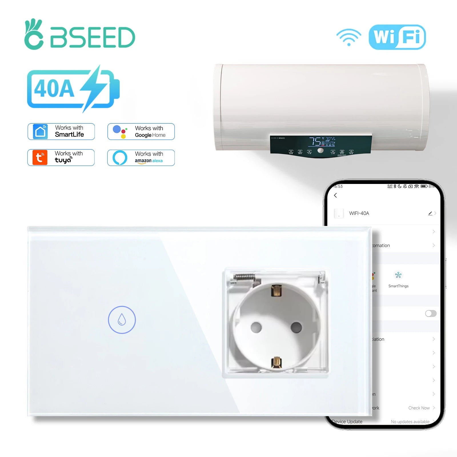 Tidesmit BSEED Matter compatible smart water heater switch 40A WiFi boiler touch control with waterproof EU socket.