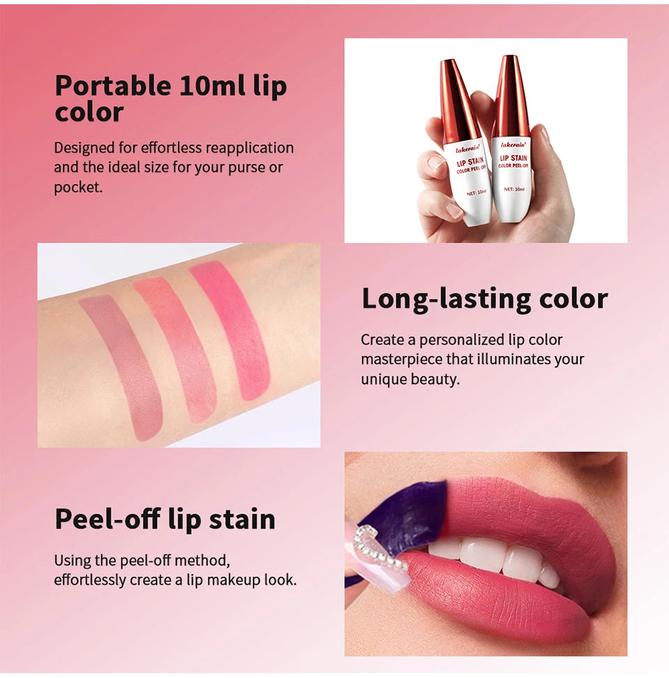 Waterproof peel-off lip stain with matte finish in 3 shades. Long-lasting, transfer-resistant lip makeup for color.