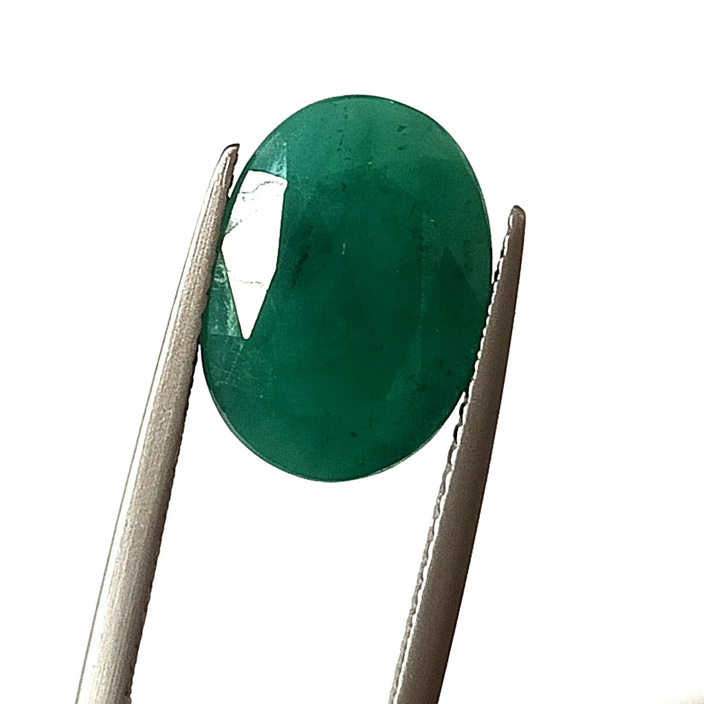 Oval green emerald gemstone, faceted loose cut, front view in tweezers