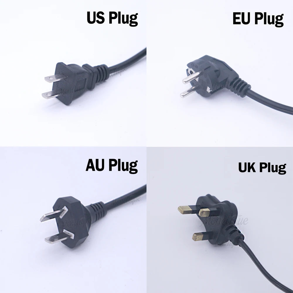 Ionic foot detox spa machine power cords with US, EU, AU, and UK plug adapters for home therapy massager.