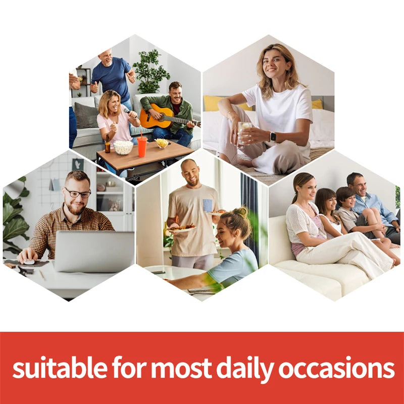 Collage of diverse people using household items in casual settings for work, eating, playing music, and relaxing.