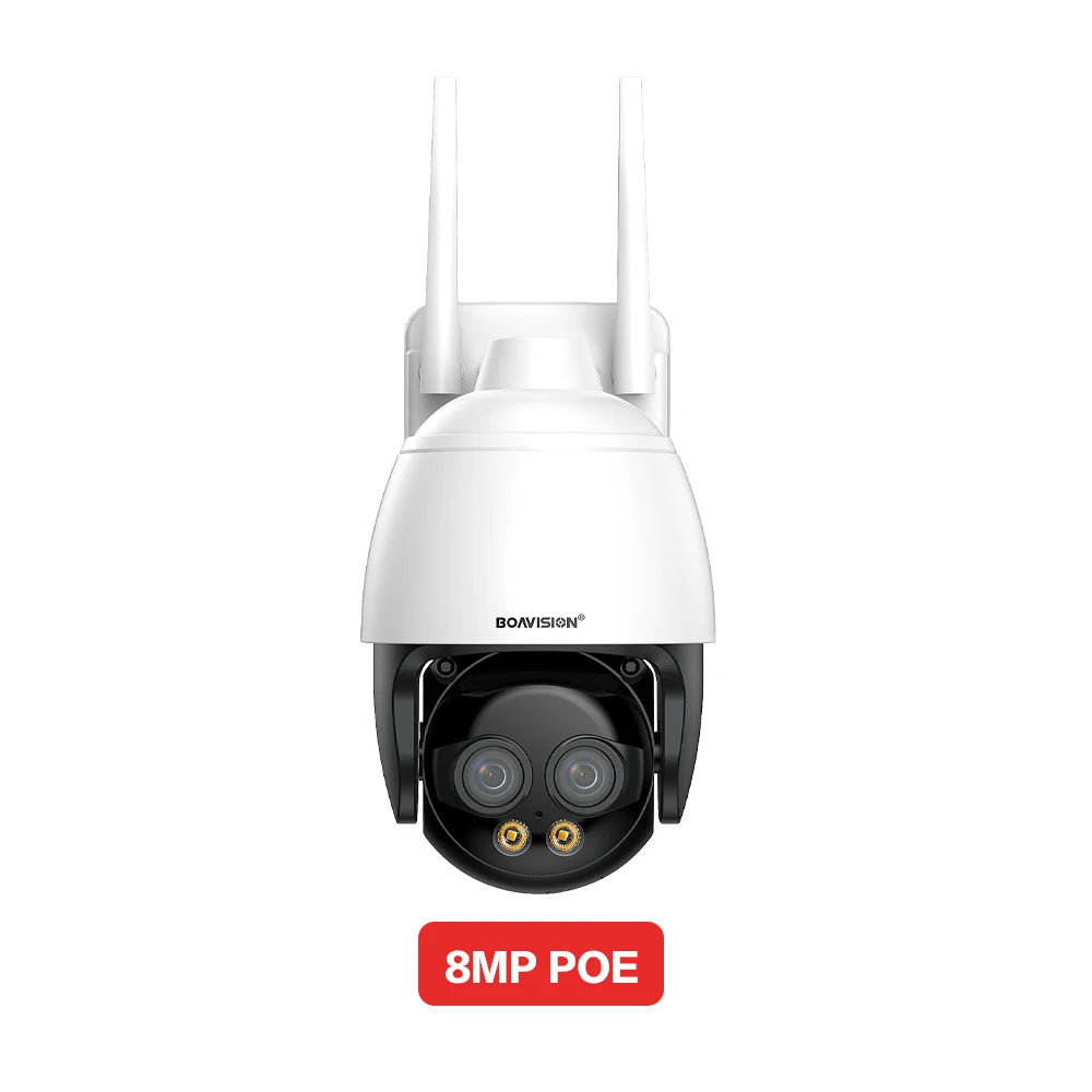 White dual-lens PTZ security camera with 8MP POE