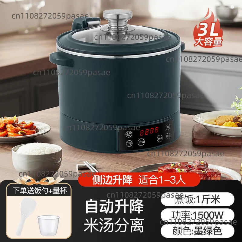3L electric rice cooker with dark green body, stainless inner pot, and digital control panel