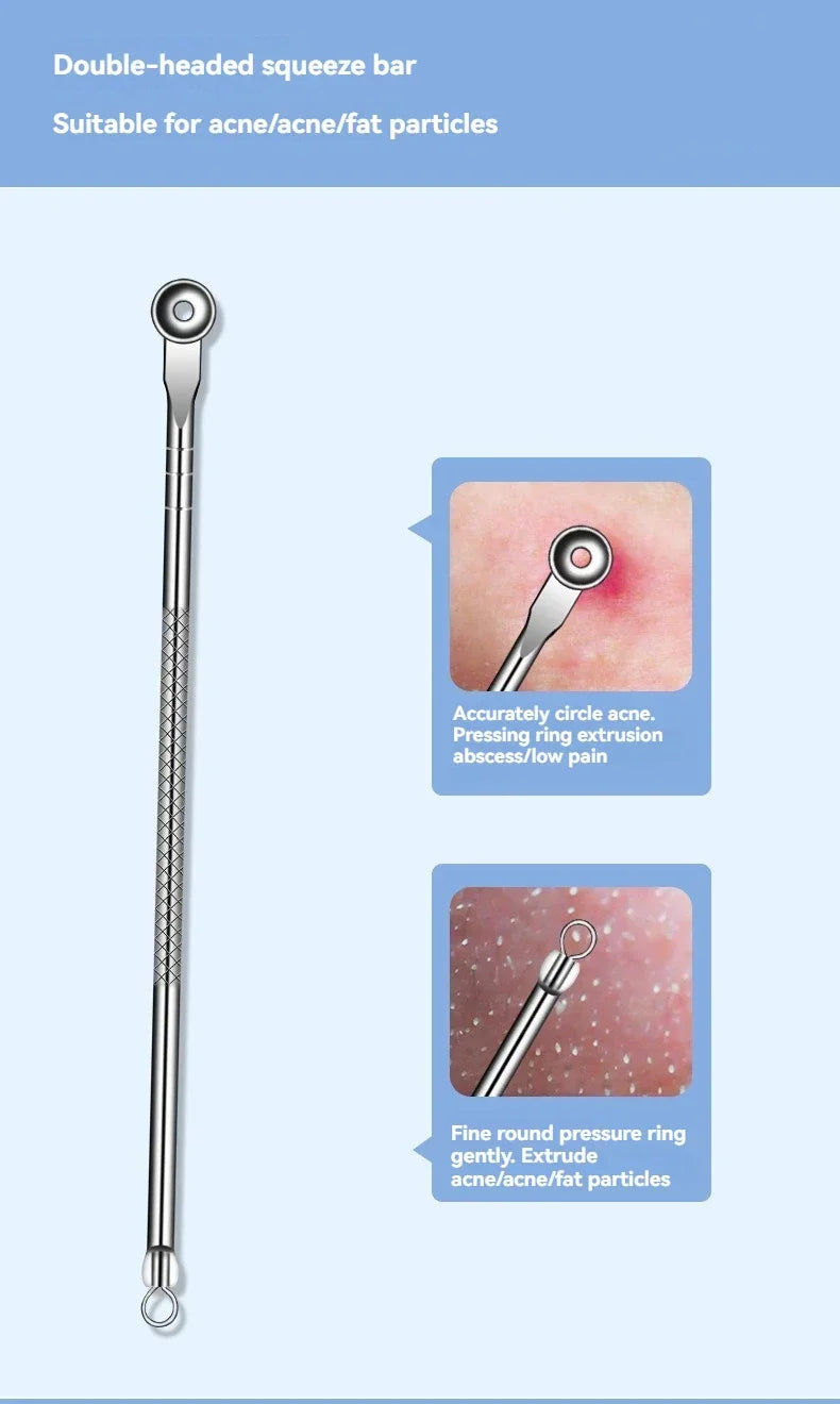 Silver double-ended stainless steel acne extraction tool with textured handle and two different circular pressure loops.