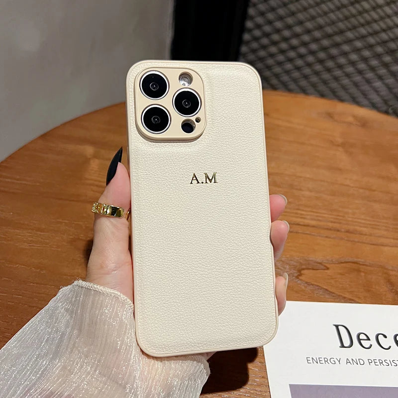 Personalized Leather iPhone Case - Shock-Absorbing Monogram Cover Beige Tidesmit