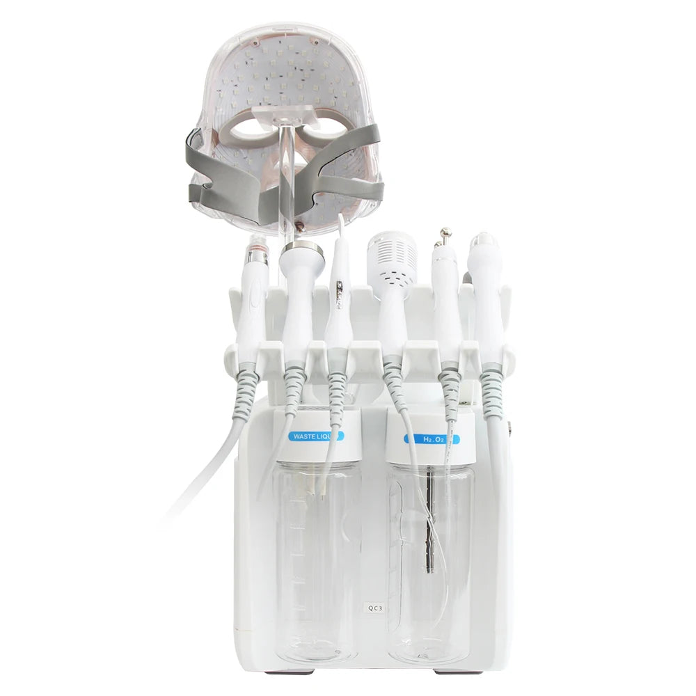 AOKO 7-in-1 white hydro dermabrasion facial machine with LED mask and multi-function skincare wands on white background.