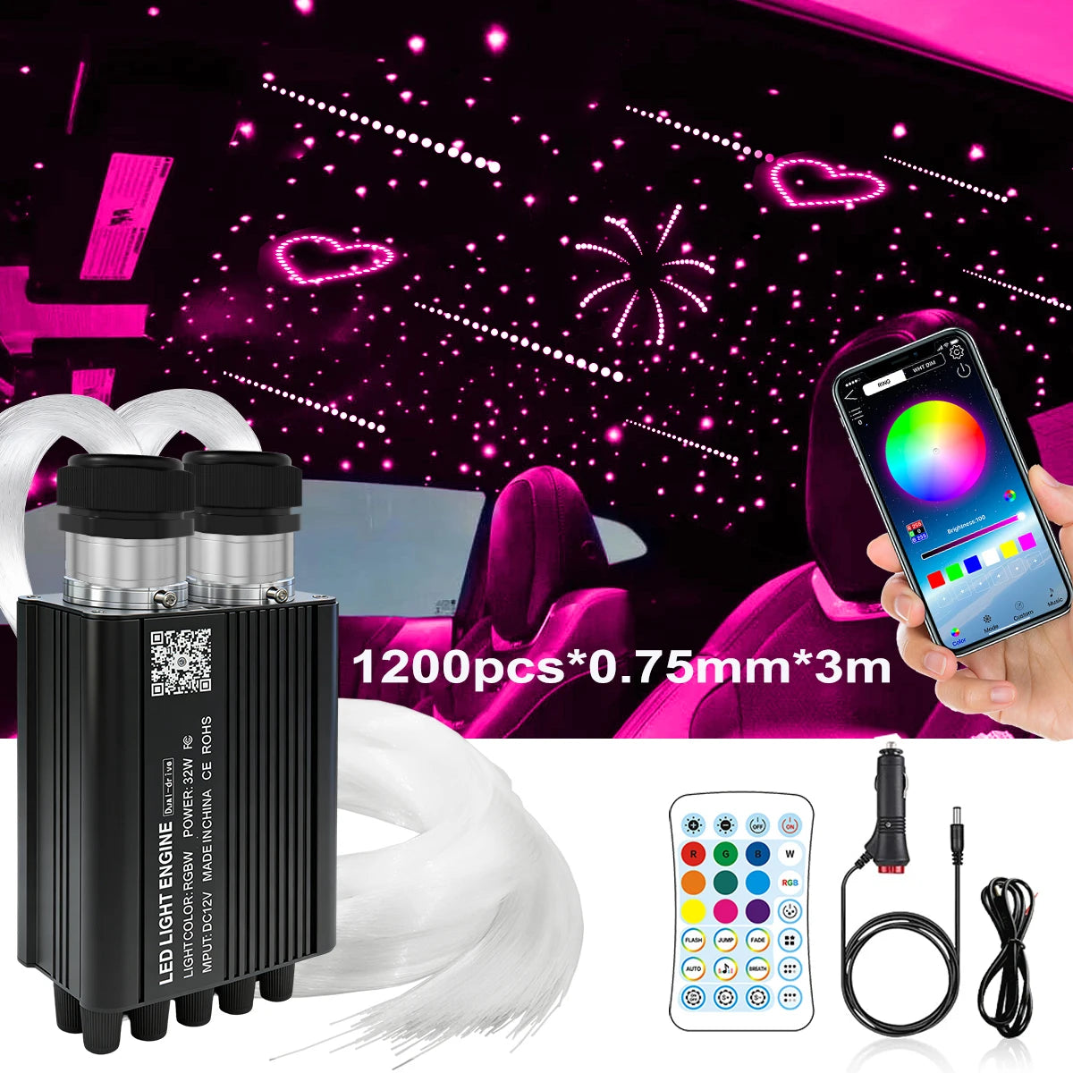 Twinkle & Meteor Starlight Headliner Kit for Car Strands for Ambient Interior Decor 32W RGBW Fiber Optic Star Light Engine