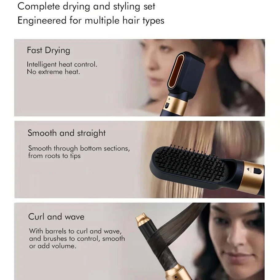 6-in-1 black and gold multi-styler hair dryer set with curling barrels, hot air brush, and smoothing attachments.