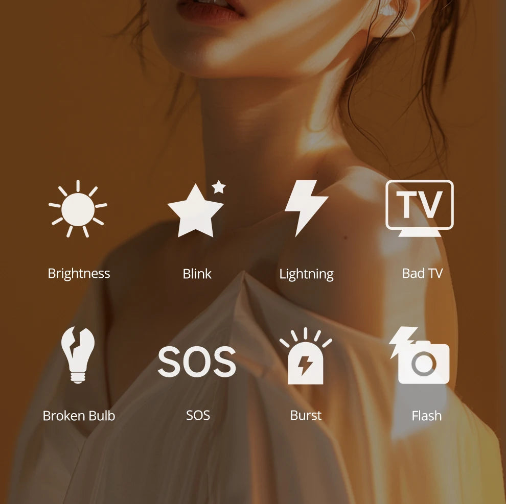 White icons on a warm background showing eight light effect modes: Brightness, Blink, Lightning, Bad TV, SOS, and Flash.