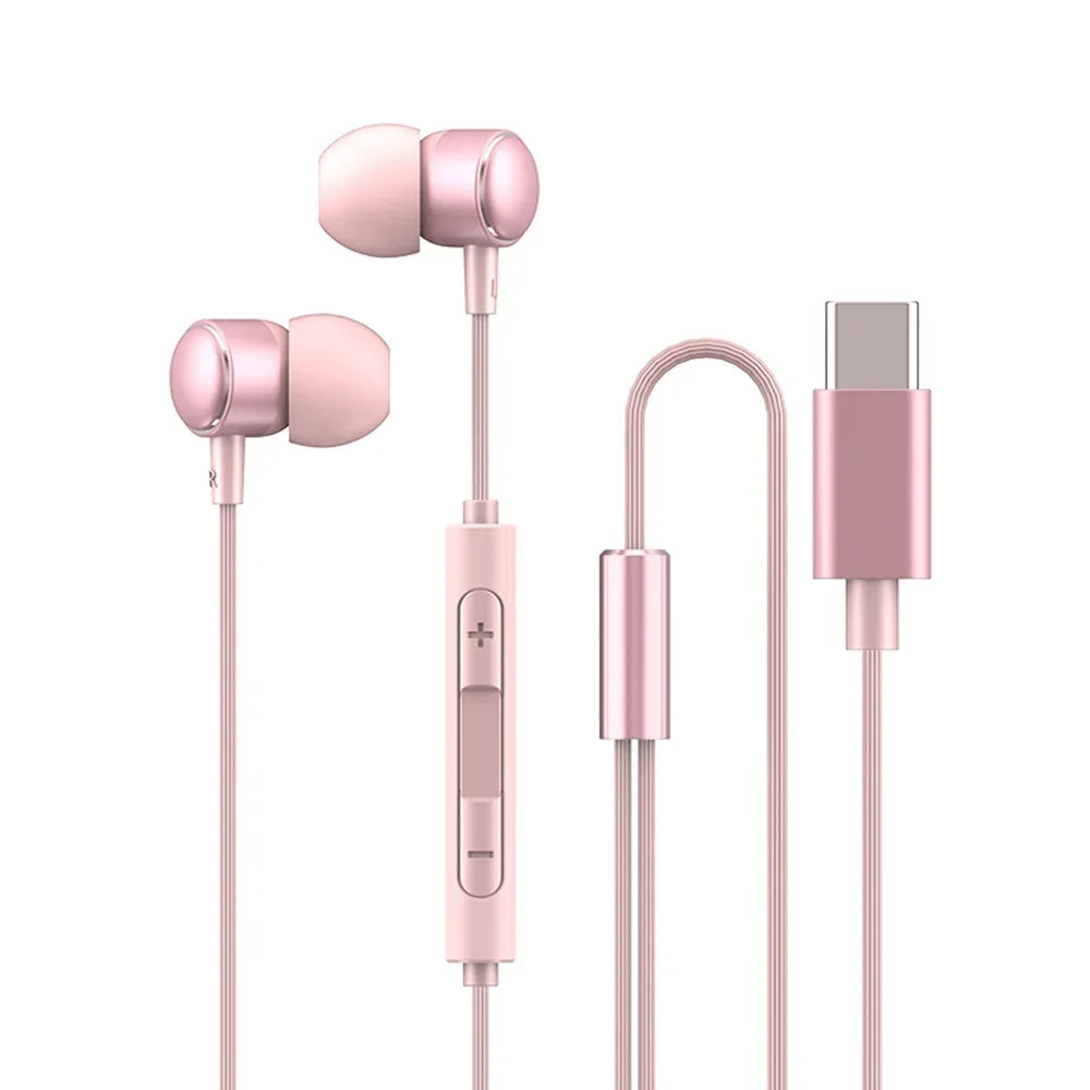 USB-C HiFi Wired Earbuds with Mic - Tidesmit Universal Audio Type-C Pink Tidesmit