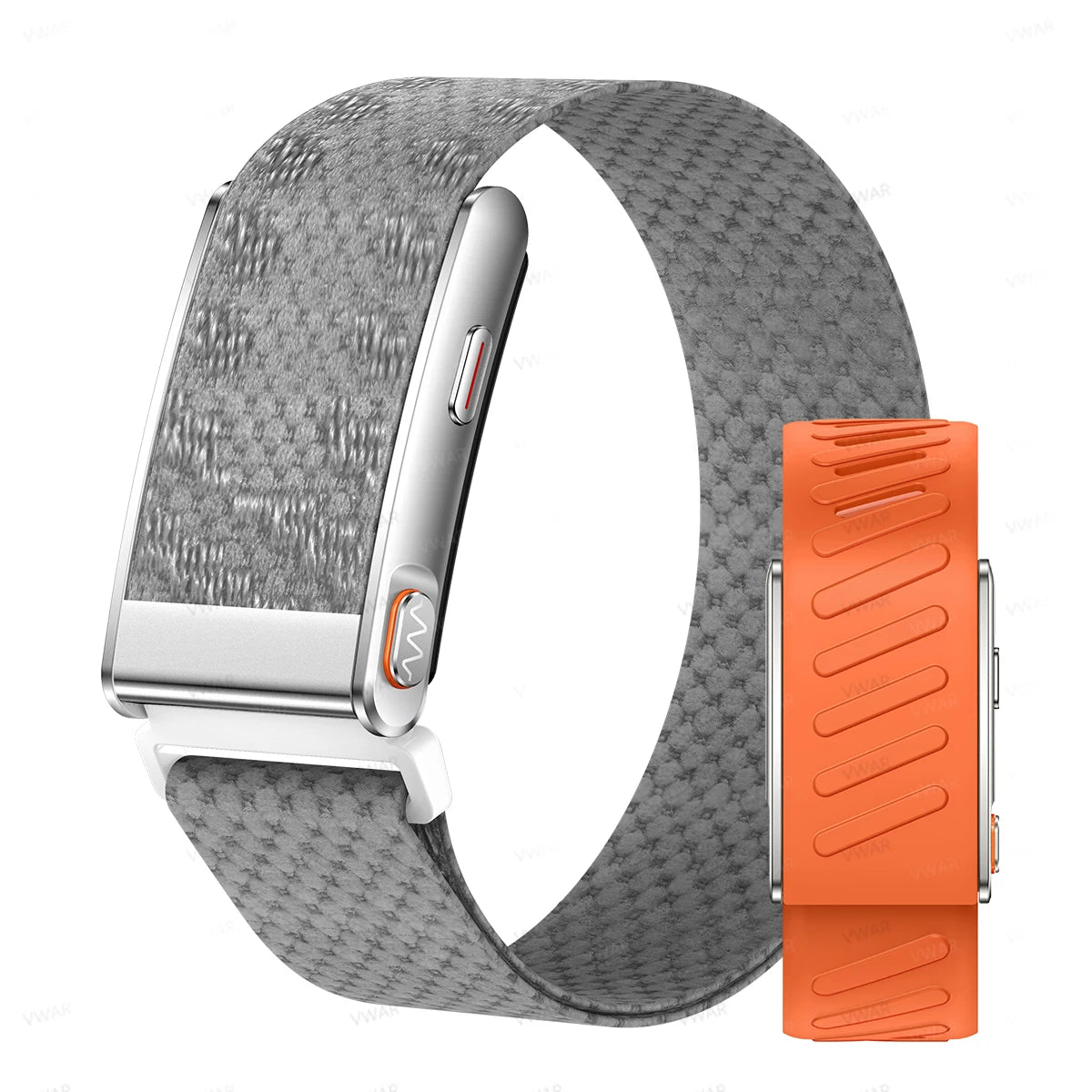 Fitness tracker smartwatch with gray fabric band and orange side module