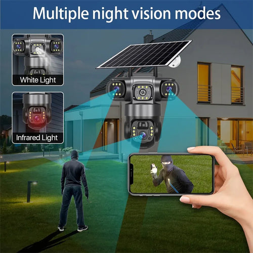 Solar dual-lens WiFi security camera with selectable night-vision modes